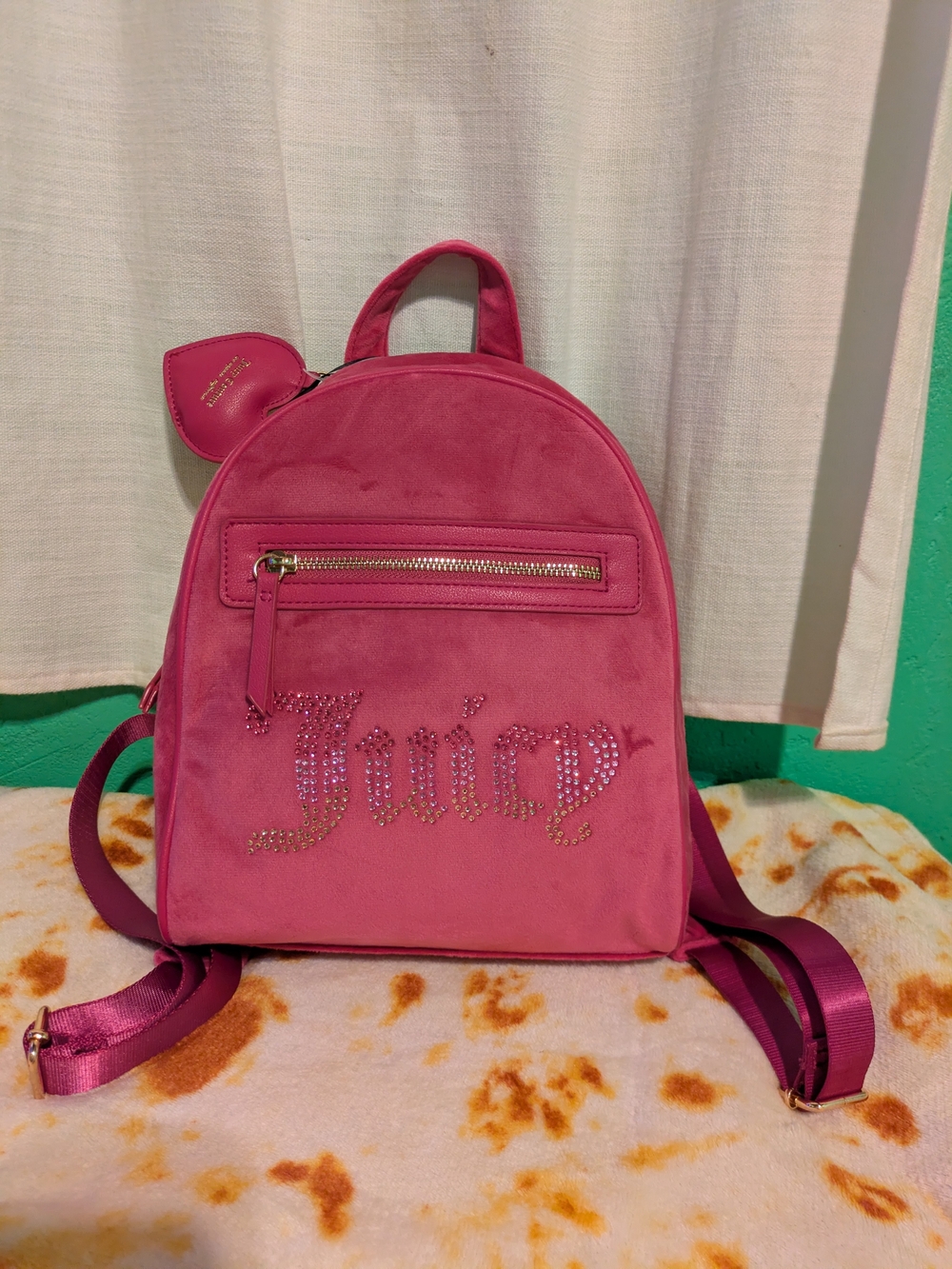 Juicy Couture Raspberry Tart Velvet Rhinestone Logo Small Backpack